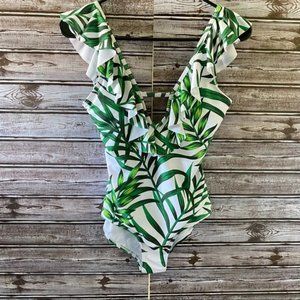 Pat Pat Women's Tropical Leaf Print One-Piece Swimsuit Sz S White Green Cutout